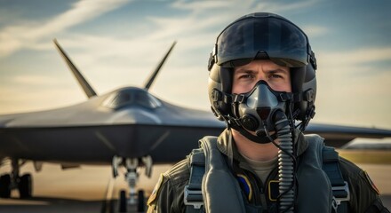Fighter pilot portrait with jet airplane background military aviation concept