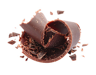 Heap of chocolate shavings isolated on white. Rough texture of dark cocoa for rich dessert garnishing.
