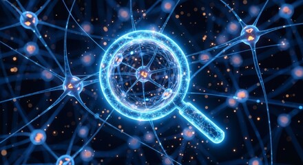 Neuron cells research with magnifying glass for science and medical concept art design