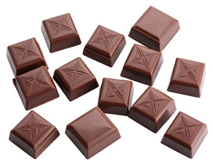 Group of chocolate square pieces isolated on white. Broken chunks from a dark chocolate bar.