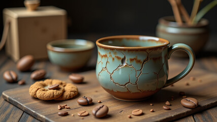 Fototapeta premium Cracked ceramic cup and saucer on wooden table representing moments of war rest