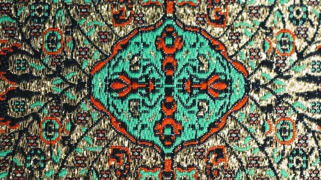 Detail of a traditional, handmade oriental silk rug. Texture of hand-woven rug, geometric patterns. High quality 4k footage