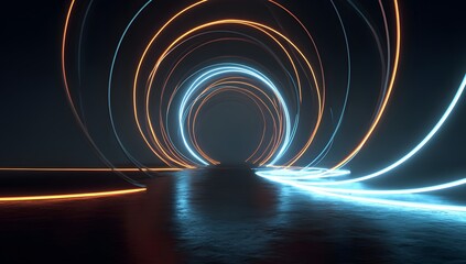 Abstract futuristic tunnel with glowing neon light trails reflecting on a wet surface creating a mesmerizing visual experience