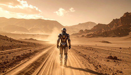 An astronaut in a futuristic suit walks alone on a dusty road through a vast, arid, mountainous desert landscape under a hazy orange sky.