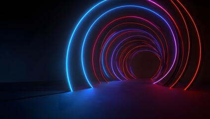 Vibrant neon light tunnel with swirling circular patterns creating an immersive futuristic pathway of blue and red illumination