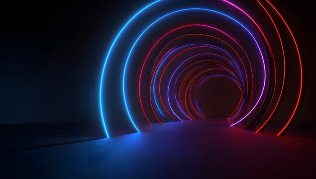 Vibrant neon light tunnel with swirling circular patterns creating an immersive futuristic pathway of blue and red illumination - Powered by Adobe