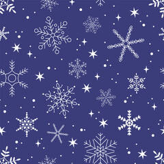 Winter Christmas pattern with white snowflakes on a dark blue background. New Year, winter design