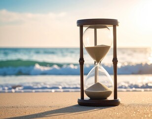 Hourglass on beach; sand flowing, ocean backdrop