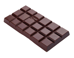 Square dark chocolate bar isolated on white. Close-up of a segmented, cocoa block.