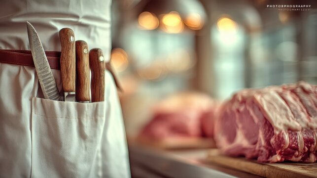 Culinary action butcher preparing meat local butcher shop professional photography clean environment close-up view precision craftsmanship