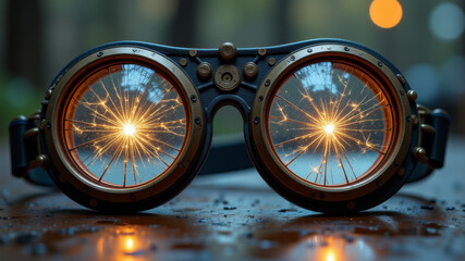 Pair of vintage military goggles with orange glow lenses placed on surface