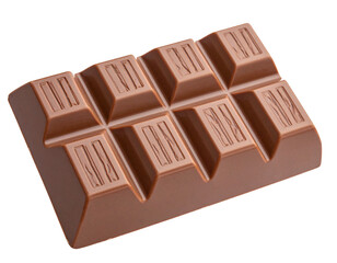 Milk chocolate bar isolated on white background. Classic sweet snack, smooth and segmented.