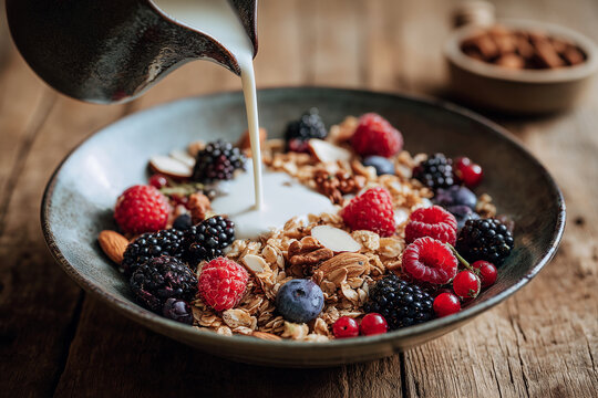 A bowl of cereal with milk poured over it