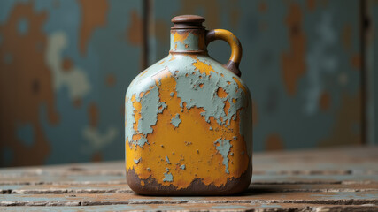 Old rusty military jug with chipped paint placed on weathered background
