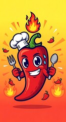 Spicy Chef - Cartoon Chili Pepper with Utensils and Chef Hat.