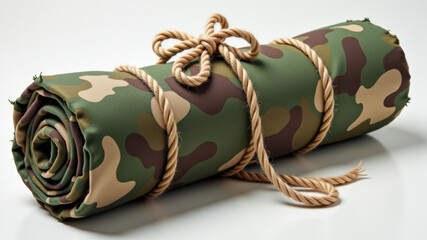 Military camouflage mat rolled and tied with rope placed on wooden surface
