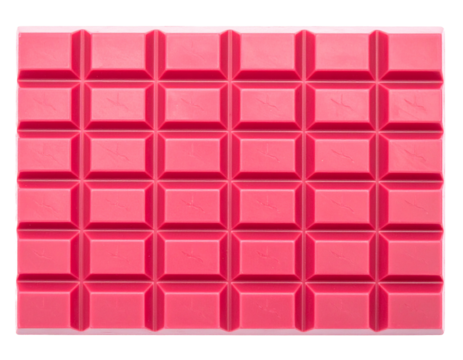 Ruby chocolate bar isolated on white. Segmented pink cocoa block, modern confectionery.