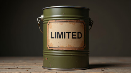 Green metal ration container labeled LIMITED for restricted field distribution