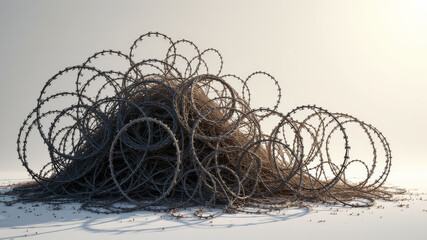 Tangled barbed wire coil placed on white background for defensive illustration