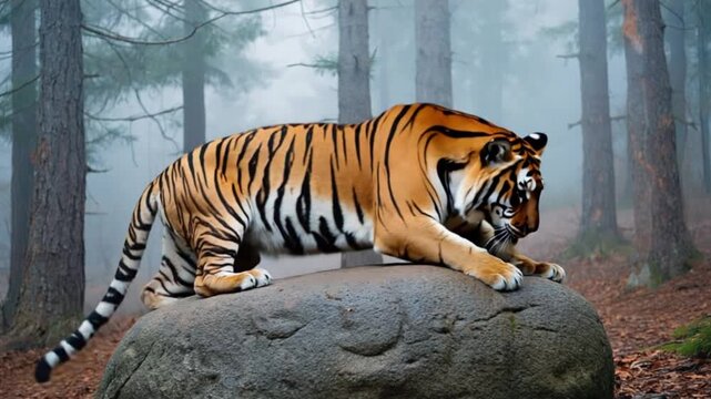 Tiger resting on a rock in a misty forest with trees and leaves on the ground looking forward tiger video