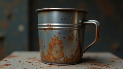 Rusted metal cup with chipped surface placed on cold military base floor