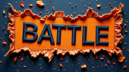 Word BATTLE on metal background with orange debris effect for war concept design