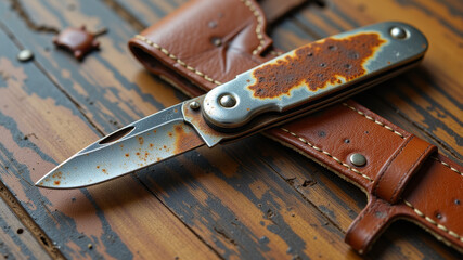 Combat knife and leather sheath lying on wooden table as tactical soldier gear