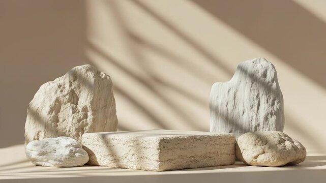 A beautifully composed minimalist scene featuring various textured natural stones and a rectangular pedestal against a warm beige background. Sunlight casts soft, flowing shadows across the scene, hig