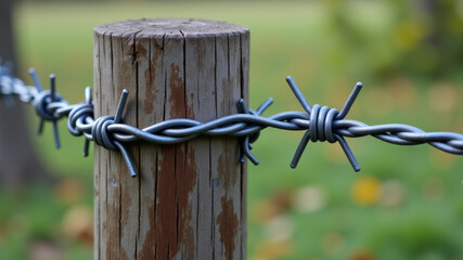 Barbed wire twisted on wooden post representing military defense line