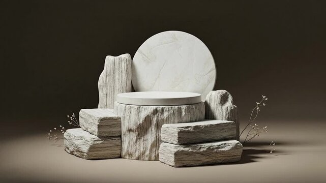 A beautifully composed still life featuring a collection of minimalist, natural stone pedestals and display platforms set against a serene neutral background. The scene showcases various textured ston