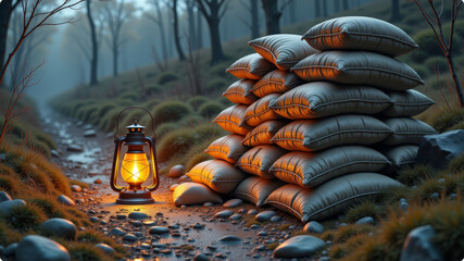 Sandbag barrier and lantern in foggy forest during early morning war patrol