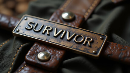 Leather patch with SURVIVOR label stitched onto backpack strap in symbolic closeup