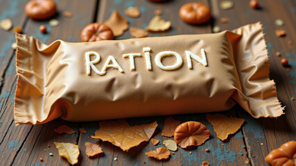 Brown packaged military ration bar placed on wooden table with autumn leaves