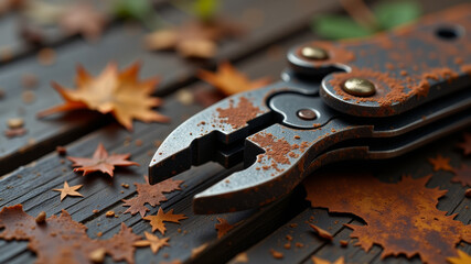 Field pliers with wooden grip placed on dry autumn leaves for tactical repairs