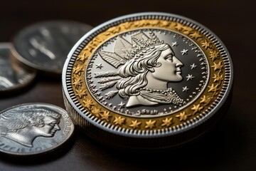 Close up of a large commemorative coin featuring a female figure in profile, placed on a dark wooden surface with smaller coins in the background