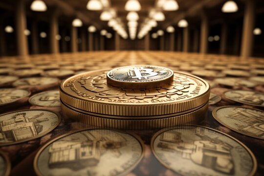 Bitcoin cryptocurrency is conquering traditional coins in a vault, symbolizing the rise of digital currency