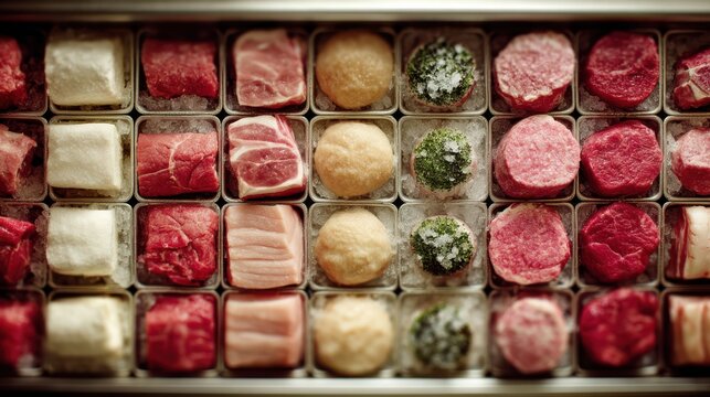 Overhead shot of refrigerated meat case display grocery store food photography indoor aesthetic appeal