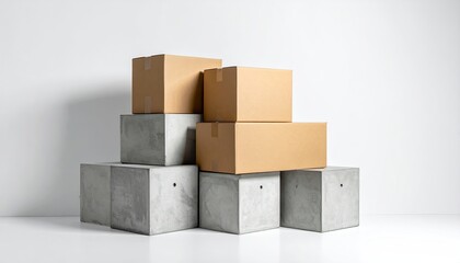 Obraz premium Boxes on concrete cubes, minimalistic, bright, clean studio shot