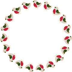 Christmas wreath with red and green birds, decorative border doodle style isolated on white background