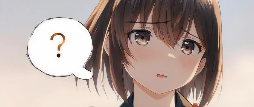 A close-up of a cute anime girl with a confused expression, tilting her head. Ideal for illustrating questions, confusion, or seeking answers.