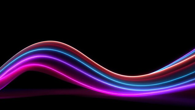 Abstract flowing neon light trails in vibrant pink purple and blue against a deep black background creating a dynamic visual wave effect