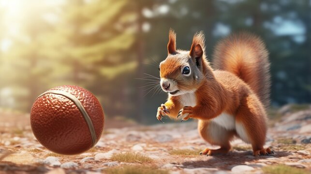 Whimsical woodland scene: A squirrel encounters a mysterious sphere in the forest