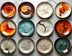 Twelve cracked plates, diverse hues, arranged on a marbled surface, showcasing intricate patterns