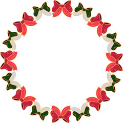 Christmas wreath with red and green bows, decorative border doodle style isolated on white background