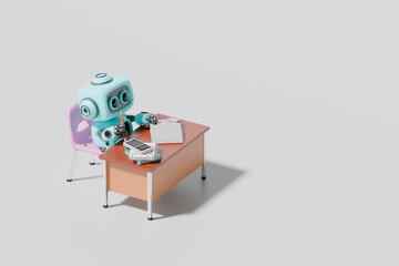 3d robot working with calculator and stationery at office desk