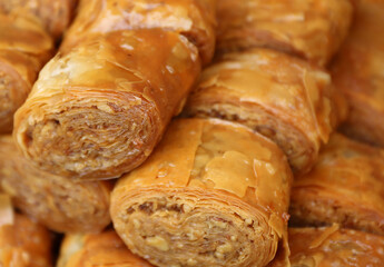Bunch of delicious Turkish Dessert with Walnuts ready to eat at The Taste of Adana Festival in Adana, Turkey