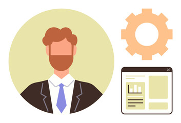 Male professional in a suit and tie, orange gear suggesting process automation, and software dashboard for analytics. Ideal for management, teamwork, innovation, data analysis, technology