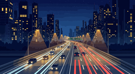 Obraz premium Cityscape highway at night with car lights creating motion trails illustration