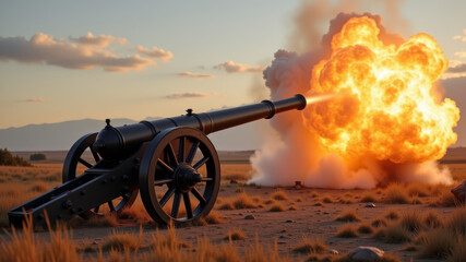 Historical artillery cannon firing round in open desert with dramatic explosion