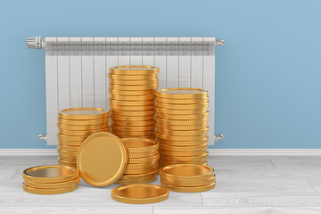 Heater radiator and coin in empty room. 3D illustration